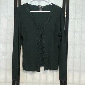 Finity Rib Knit Open Cardigan Black Sweater V-Neck Button Accent L Long Sleeve